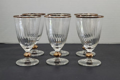 VTG Cerve Italy Optic Ribbed Stemware Glasses, Gold Rim & Ball Stem, Set of 6