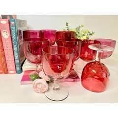 Vintage Cranberry Red Thumbprint Goblets – Mid-Century Coin Dot Glassware, set 9