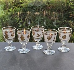 Libbey MCM Golden Foilage Gold Leaves Frosted Water Goblets Set of 5 Stem 3003