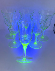 Set 6 Green Uranium Depression Glass Diamond Optic Wine Goblets Glows, 6.75″