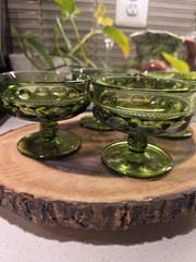 VTG Avocado Green Indiana Glass Kings Crown Thumbprint Dessert Goblet Set Of 4