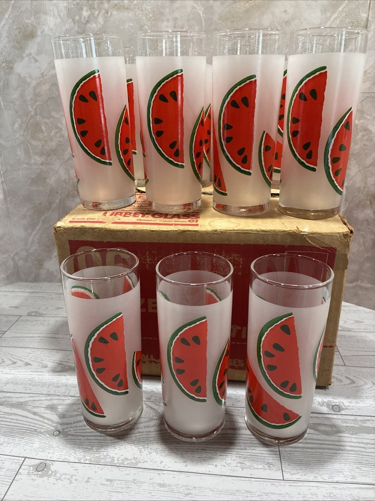 Libbey Watermelon Retro High Ball Glasses/Tumblers~12oz (11) w/Box Frosted Glass