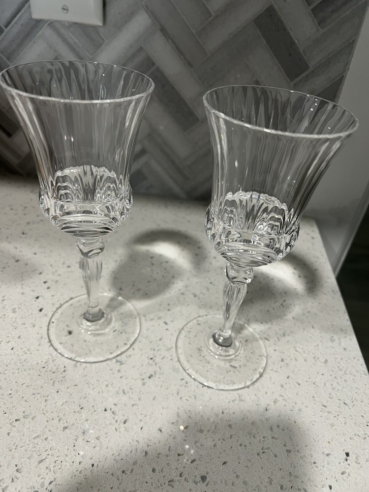 Heavy Crystal Wine/Water Goblets. Ribbed And Etched Design, Decorative Stem, EUC