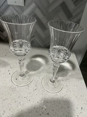 Heavy Crystal Wine/Water Goblets. Ribbed And Etched Design, Decorative Stem, EUC