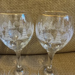4 ARBY’S 8″ Wine Goblets Frosted Christmas Winter Snow Pine Trees Gold Rim #2