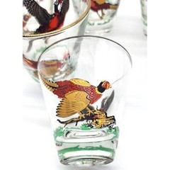 1950s HAZEL ATLAS 7 Pheasant Shot Glasses Bird Hunters Country Gentleman Barware