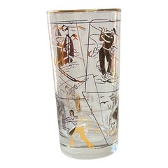 Vintage Libbey Glass Hostess Set 8 Gold Sports 12 oz Tumblers w/Box USA 1955