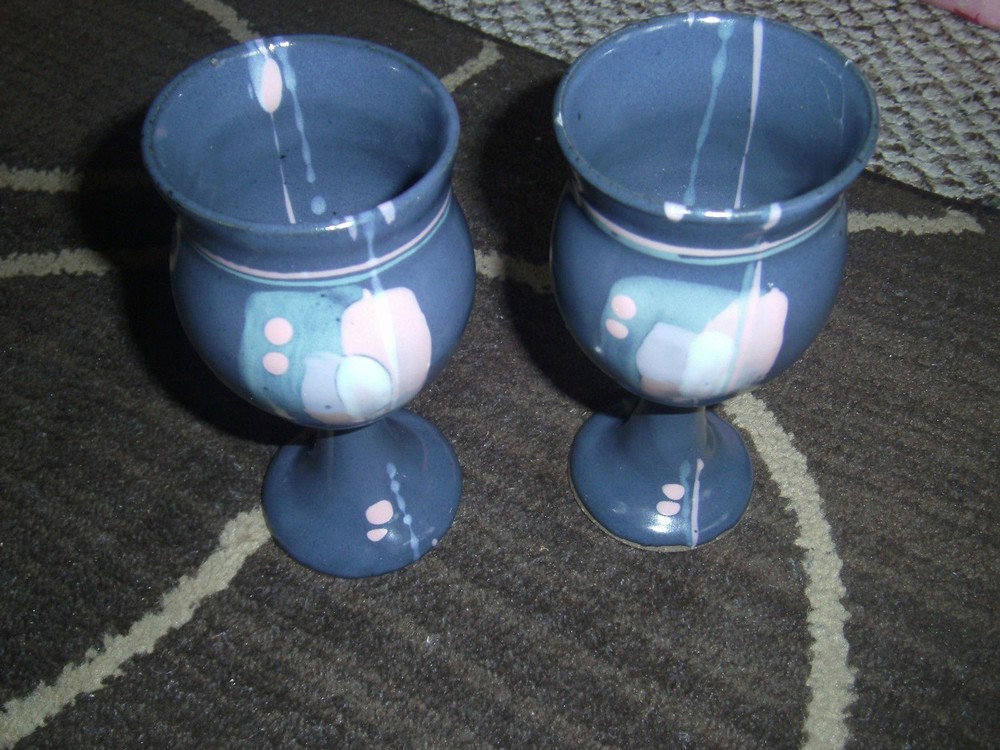 Pottery Wine Goblets Drip or Splatter Glaze Blue & Pink Unique Estate sale