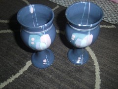 Pottery Wine Goblets Drip or Splatter Glaze Blue & Pink Unique Estate sale