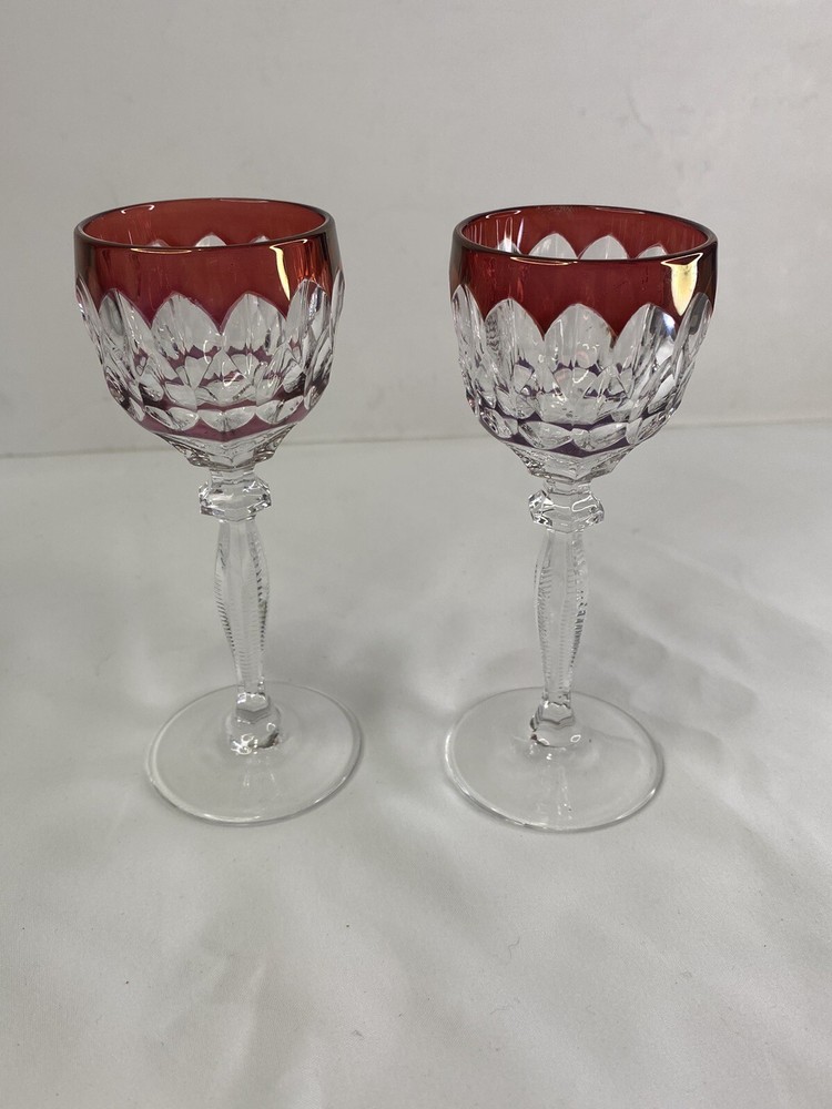 Pair Of Bohemian Crystal Cut To Clear Ruby Red And Amethyst Purple Cordial Glass