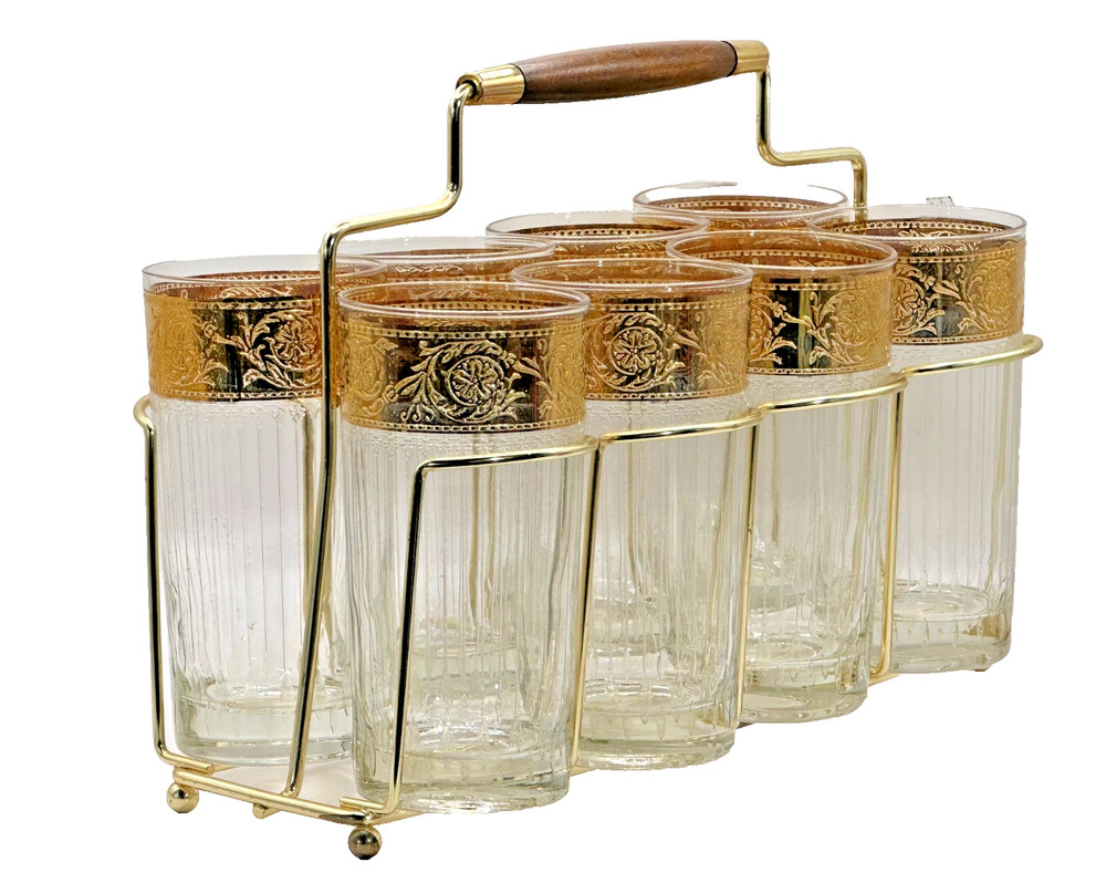 Culver Glass 22K Gold 8 Highball Caddy Set Vintage Retro Barware Tyrol MCM