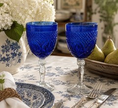 Set Of 2 Vintage Cristal D’Arques Durand Water Goblets Sapphire Blue Embossed