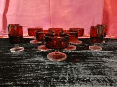 Ruby Red with clear stems glassware, 4 custard & 6 cordial set PERFECT CONDITION