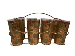 Set 8 Culver Prado Mid Century 22kt Gold Green Highball Glasses W/ Carrier MCM