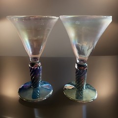 VTG Rick Strini Hand Blown Art Glass Twisted Small Stem Martini Glass Iridescent