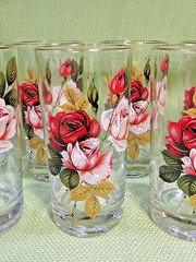 Vintage Set of 7 West Virginia Glass Co Radiant Rose Drinking Glasses 10 oz Mint