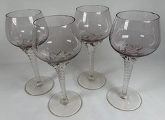 4 Vintage Bohemia Czech Amethyst & Clear Glasses Swirl Stem Star Goblet Cordial