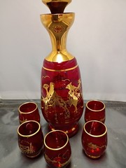 Red Glass Murano Gold Trim Bottle W/Five Glasses Courting Couple Venetian Attire