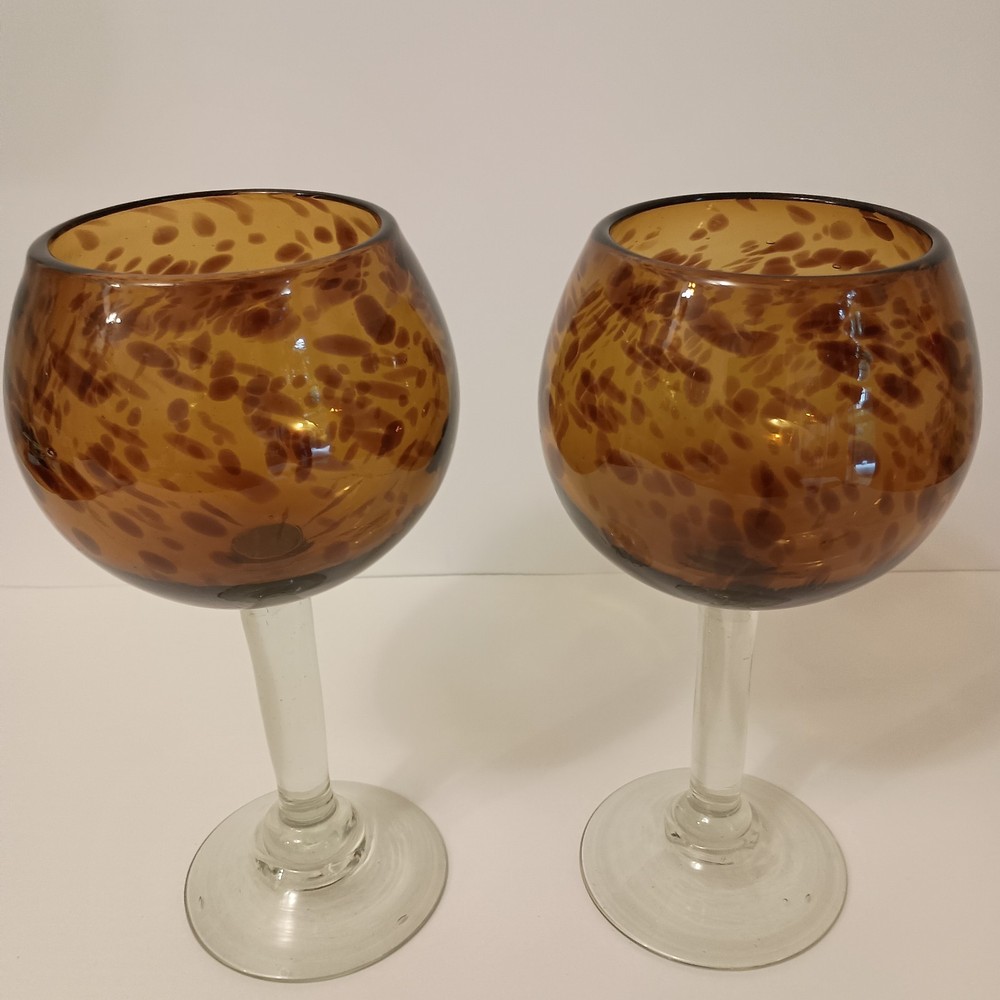 Vintage Amber Recycled Glass Bubbled Wine Glasses 8″ Heavy Set Of 2