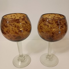 Vintage Amber Recycled Glass Bubbled Wine Glasses 8″ Heavy Set Of 2