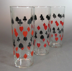 Vintage set 3 Schwartz Mustard Glass Tumbler Playing Card Drink 60’s Dominion
