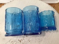 3 Vtg Blue Glass Patriotic Eagle Soldier Glasses, 2 Wheaton, 1 Kanawha Toothpick