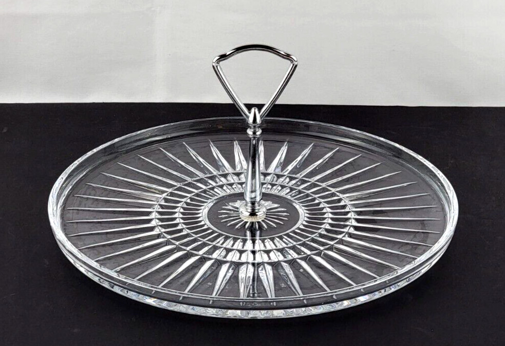 Fostoria Heritage Clear Crystal Tidbit Plate Tray Chrome Handle 10 3/8″ NEW