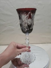 1 Wine goblet Glass, Dark Ruby Red Cut to clear Crystal brilliant HobStar foot