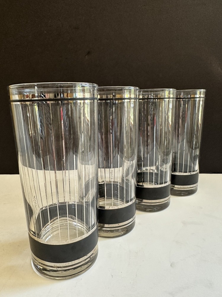 4 MCM Culver Devon Black Highball Tumbler Glasses Vtg Silver 6.25” 14oz Signed