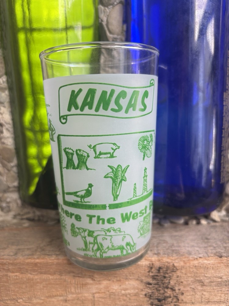 Federal Glass State Souvenir Juice Glasses Kansas Vintage green