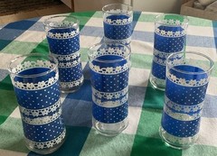 6 Vintage Anchor Hocking Tall Drinking Glasses Blue & White Polka Dots & Lace