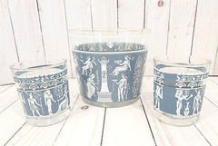 Vintage Jeanette Wedgwood Corinthian Blue 3.25” Set Of 2 Glasses & Ice Bucket