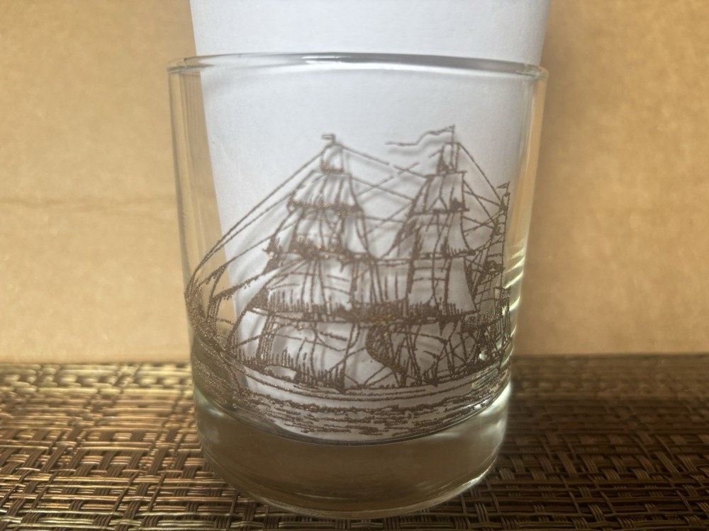 Vintage Retro MCM 1970’s, Glass w/Raised GOLD/COPPER Masted Clipper Ship.