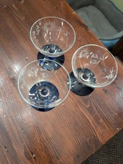3 Vintage Etched Glass Cobalt Blue Pedestal Liquor Cordial Coupe Sherbet MS