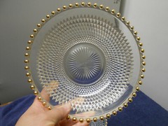 Vtg Depression Era Diamond Point 7 Piece Glass Berry Bowl Set Beaded w/Gold Trim