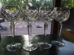 (4) Wine Hocks Glasses 7-1/2″ cut criss cross diamond crystal panel facet stem