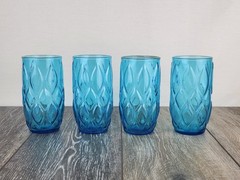 1960’s Anchor Hocking Madrid Aqua Blue Quilted Diamond Drinking Glasses Set of 4