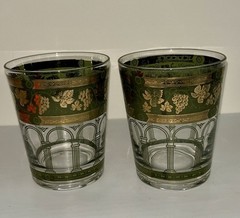 Vintage Pair MCM Green Gold Grapes & Columns Old Fashion Glasses