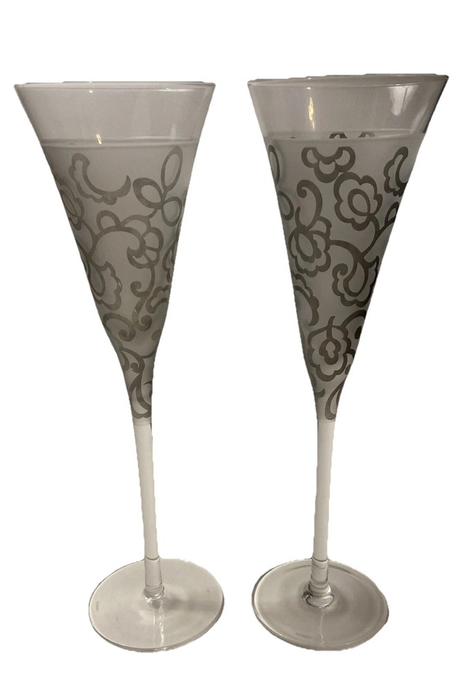Pair Lenox Heiress Silver Gray Champagne Toasting Flutes 10 1/4″ Tall