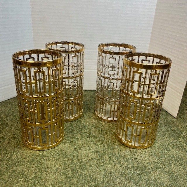 Vintage Imperial Glass SHOJI TRELLIS 22Kt Gold 5-3/4″ Glass Tumblers Set Of 4