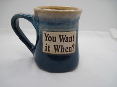 Workplace Humor Mug Blue Drip Glaze Art «You Want it When?» Stoneware Fun Gift