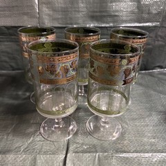 Vintage Cera Glass Cora Water Goblets Grecian Gold 22K Green Grapes Set of 5