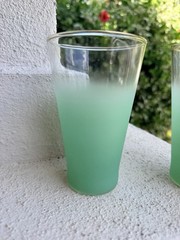Vintage Blendo Green Ombre Frosted Tumblers Gold Rim MCM Glasses Set of 2