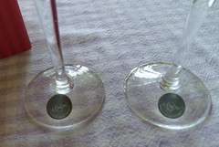 LENOX Glass Ruby Red Clear Stem Etched Holly Holiday Gems Champagne Flutes Set 2