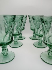 6 Vintage Fostoria Jamestown Green Glass Drinking Goblets