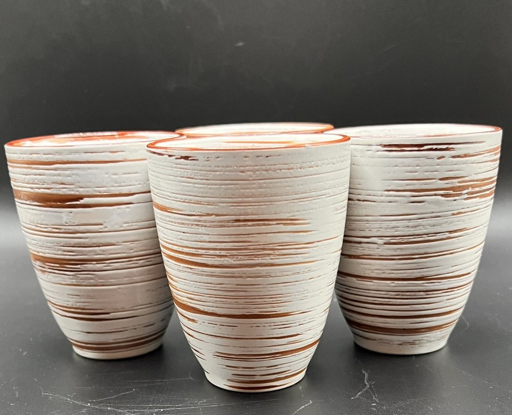 Pier1 Set Of 4 Birchwood Style Pottery Ceramic Cups 8 oz Brown And White Unique