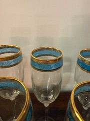 Set of 8 – Glass Champagne Flutes w/ Blue Teal & Gold Trim Mid Century Modern 9″