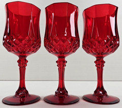 3 Cristal D’Arques Longchamp Ruby Water Goblet Set Crystal Red Etch Stemware Lot