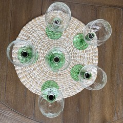 6 Vintage Green Stemmed, Clear Glass Etched Grapes And Leaves 5 Oz Wine Glasses