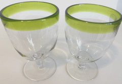 2 Hand Blown Clear Glasses Vibrant Lime Green Trim Thick Heavy 3.75 x 5.75″ EUC